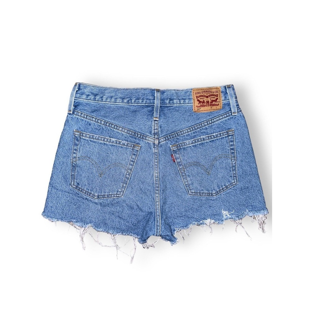High-Rise Frayed Hem Denim Shorts - Light Blue - Picture 4 of 7